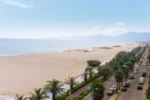 Plage de sable avec palmiers et promenade, ciel bleu.